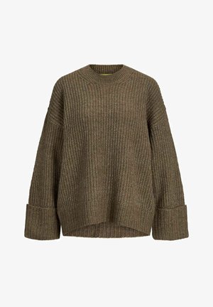 Pull surdimensionné vert olive en maille texturée, présentant un col rond et de larges poignets côtelés avec un design à épaule tombante.