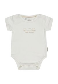 Short-sleeve cream bodysuit made of soft cotton, featuring three animal illustrations and the text "little friends" in a light brown color.