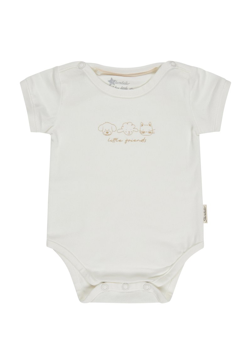 Short-sleeve cream bodysuit made of soft cotton, featuring three animal illustrations and the text "little friends" in a light brown color.
