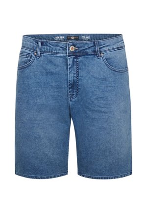 Jeansshorts in Hellblau mit Knopfverschluss, fünf Taschen und sauberem Saum. Hergestellt aus einem strukturierten Baumwollmischgewebe.
