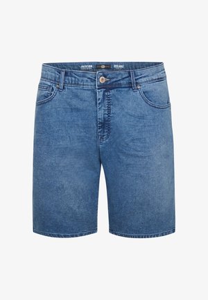 Jeansshorts in Hellblau mit Knopfverschluss, fünf Taschen und sauberem Saum. Hergestellt aus einem strukturierten Baumwollmischgewebe.