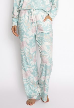 Floral-patterned loungewear pants in light teal with pink and white flowers. Features an elastic waistband with drawstring and side pockets.