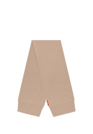 Beige knitted scarf with ribbed ends and a small red fabric tag on one side laid flat on a white background.