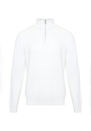 Pullover bianco in maglia con collo alto e cerniera corta. Presenta maniche lunghe e una texture liscia e morbida. Design semplice e pulito.