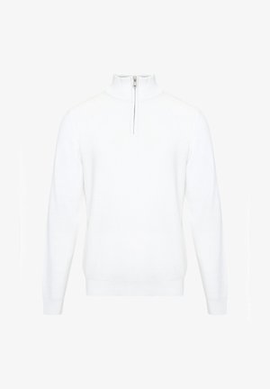 Witte gebreide trui met hoge kraag en korte ritssluiting. Voorzien van lange mouwen en een gladde, zachte textuur. Eenvoudig en strak ontwerp.