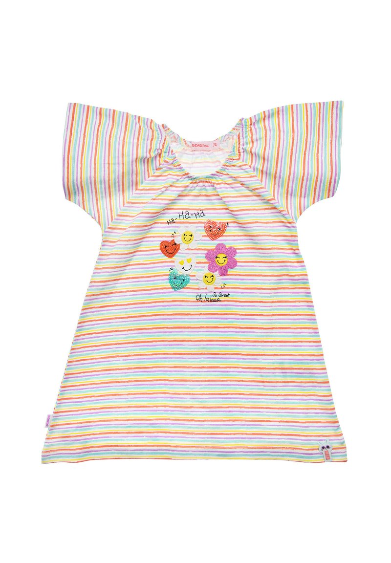 Gestreiftes Kurzarmkleid in Weiß mit mehrfarbigen horizontalen Streifen. Verfügt über fröhlich gestickte Gesichter und Blumendesigns auf der Vorderseite.