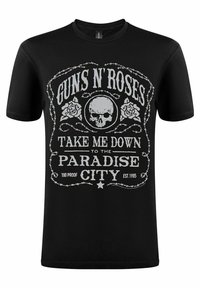 Černé bavlněné tričko s bílým grafickým designem a textem "GUNS N' ROSES" a lebkou obklopenou růžemi, s vintage stylem rámečku.