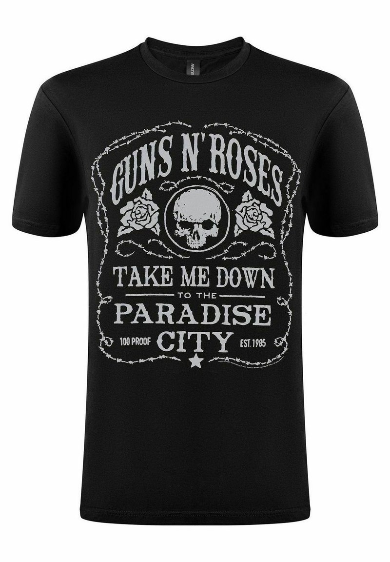 Černé bavlněné tričko s bílým grafickým designem a textem "GUNS N' ROSES" a lebkou obklopenou růžemi, s vintage stylem rámečku.