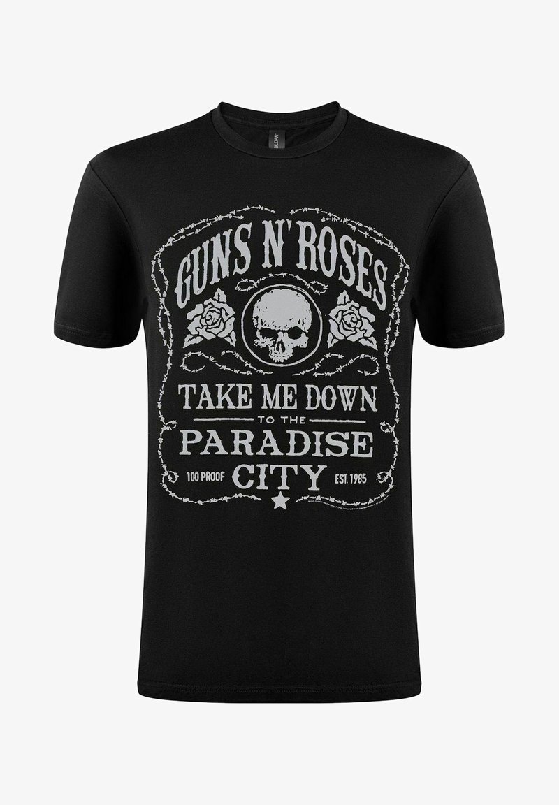 Černé bavlněné tričko s bílým grafickým designem a textem "GUNS N' ROSES" a lebkou obklopenou růžemi, s vintage stylem rámečku.