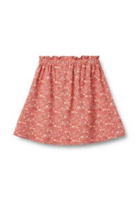 Hame floral-kuvioisessa korallinvärisessä, jossa on gathered elastinen vyötärönauha ja pehmeä kangas. Hame levenee sujuvalla helman leikkauksella.