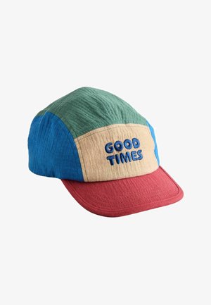Color-blocked cap with green top, blue sides, beige front panel with "GOOD TIMES" in blue letters, and red curved brim.