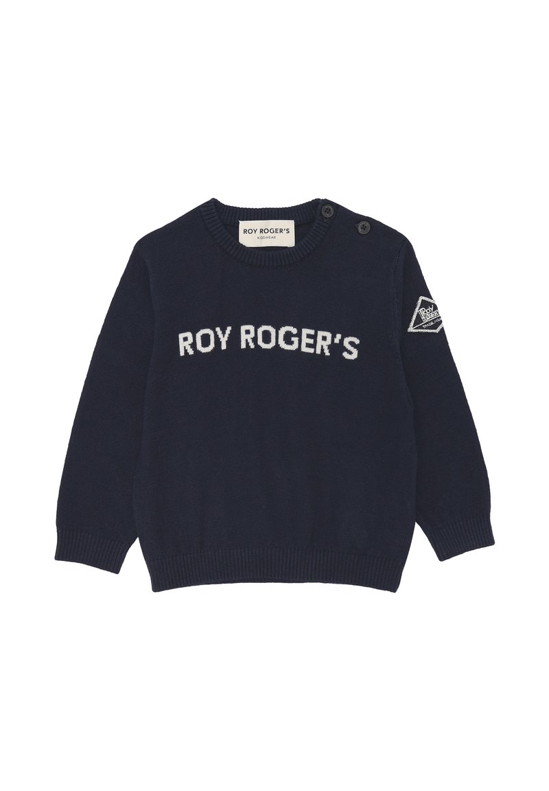Maglione lavorato a maglia blu navy con la scritta "ROY ROGER'S" in bianco, dettaglio con bottoni sulla spalla e un logo triangolare sul maniche.