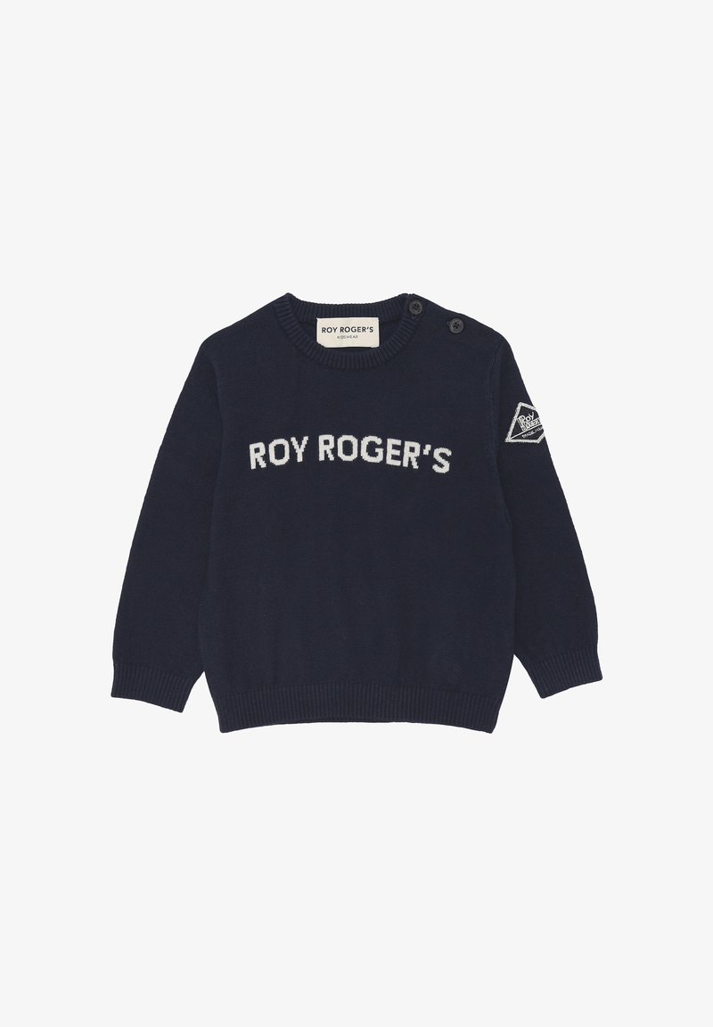Maglione lavorato a maglia blu navy con la scritta "ROY ROGER'S" in bianco, dettaglio con bottoni sulla spalla e un logo triangolare sul maniche.