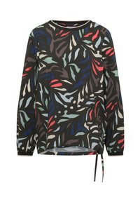 Blouse noire à manches longues avec des motifs abstraits de feuilles en rouge, bleu, vert et beige, avec un détail à nouer sur le côté de l'ourlet.