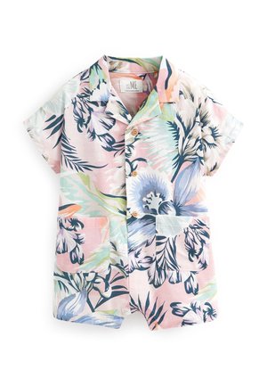 Body niemowlęce z krótkim rękawem, kołnierzykiem, zapinane na guziki z przodu, z dwoma kieszeniami oraz pastelowym tropikalnym kwiatowym nadrukiem w różowych, niebieskich, zielonych i pomarańczowych odcieniach.