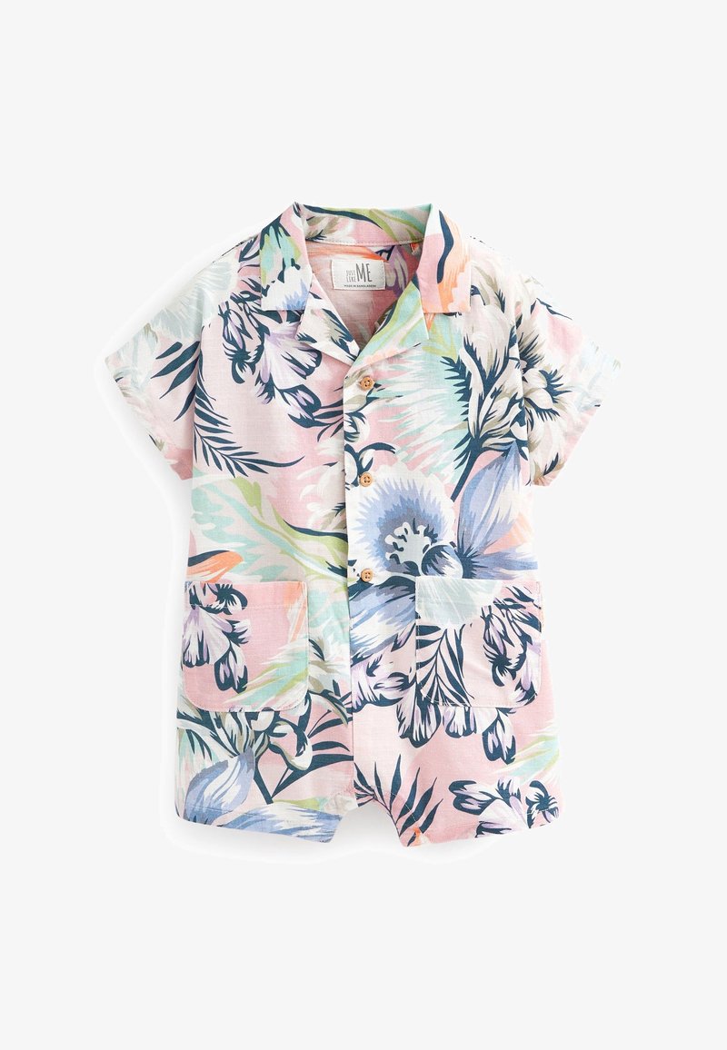 Barboteuse bébé à manches courtes avec col, boutonnée sur le devant, deux poches, et imprimé floral tropical pastel aux tons rose, bleu, vert et orange.
