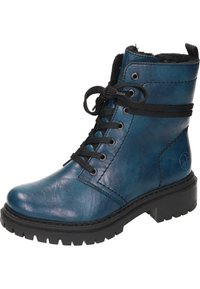 Blauwe leren enkelboots met zwarte veters, textuur oppervlak, ronde neus en rubberen zool. Voorzien van een zijlogo en subtiele stiksels.