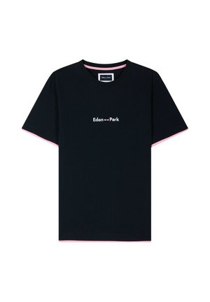T-shirt noir à manches courtes avec bordure rose sur les manches et l'ourlet, arborant le logo "Eden Park" avec un petit nœud papillon au centre.