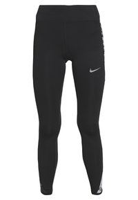 Czarne legginsy sportowe z wysokim stanem, eleganckim krojem i odblaskowym logo Nike z przodu, z wzorzystymi bokami.
