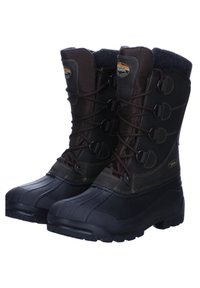 Braune und schwarze Schneestiefel mit Gummisohle, textilem Obermaterial, Schnürverschluss und Fellkragen. Enthält verstärkte Zehen und profilierte Außensohle.