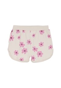 Katoenen shorts in crèmekleur met een wafelstructuur, met een roze en paarse bloemenpatroon. Elastische tailleband, afgeronde zoom en losse pasvorm.