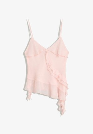 Rózsaszín sifon pántos topp, állítható pántokkal, rétegezett fodrokkal, aszimmetrikus szegéllyel és könnyű, áttetsző textúrával.