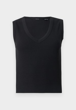 Μαύρο αμάνικο ριμπ πλεκτό τοπ με V-λαιμόκοψη και φαρδιές τιράντες, τοποθετημένο επίπεδα σε ανοιχτό γκρι φόντο.