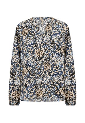 Langärmlige Bluse mit V-Ausschnitt, die ein florales Muster in Blau, Beige und Schwarz auf einem hellen Hintergrund zeigt; strukturierter Stoff.