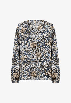 Langärmlige Bluse mit V-Ausschnitt, die ein florales Muster in Blau, Beige und Schwarz auf einem hellen Hintergrund zeigt; strukturierter Stoff.