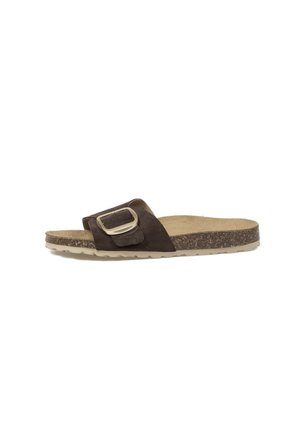 Sandalia tipo zapatilla marrón con una correa ancha y una gran hebilla metálica, plantilla de corcho y suela de goma beige texturizada.