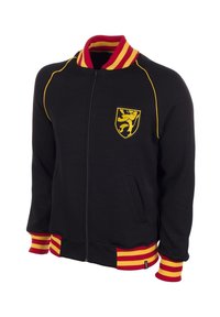 Zwarte zip-up jacket met een rood en geel gestreepte ribkaal en manchetten, met een geborduurd geel leeuwlogo op de borst.