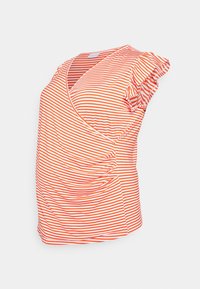Oranje en witte gestreepte top met korte mouwen en een wikkelontwerp. Bevat ruches aan de mouwen en geplooide zijdetailleerd voor extra textuur.
