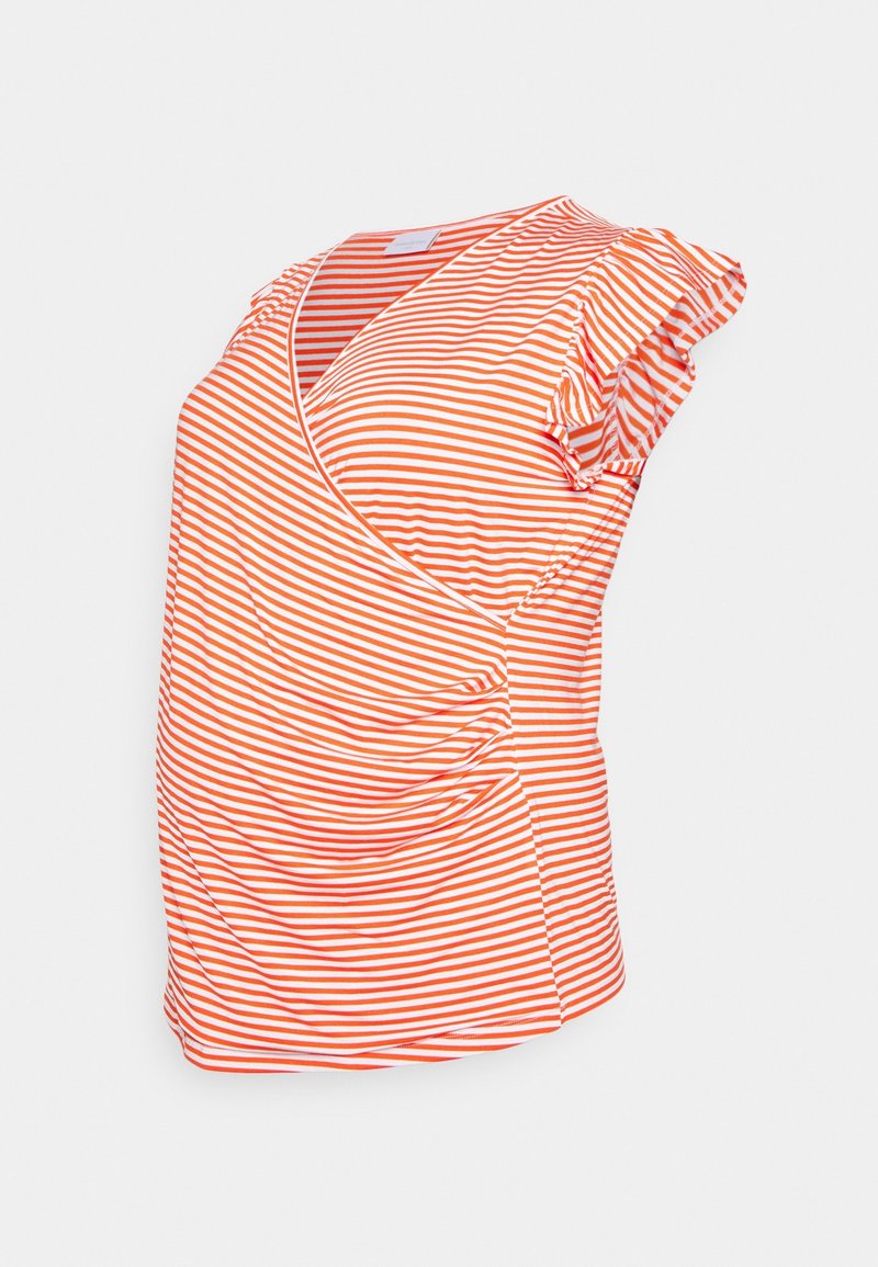 Top de manga corta a rayas naranja y blanca con diseño cruzado. Presenta mangas con volantes y detalles gathered en el lateral para añadir textura.