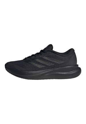 Schwarzer Laufschuh mit niedrigem Schaft aus Mesh, drei strukturierten Seitenstreifen, gepolsterter Sohle und Schnürverschluss.
