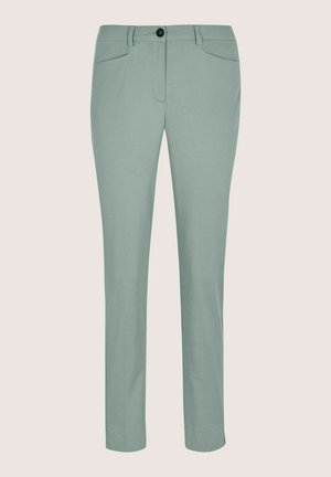 Lichte groene broek van een gladde stof, voorzien van een knoopsluiting aan de voorkant, twee zijzakken en een aansluitende pasvorm met omgeslagen zoom.