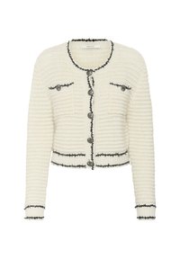 Krämfärgad stickad kofta med svart kant, rund halsringning, långa ärmar, dekorativa knappar och påhittade ficklock.