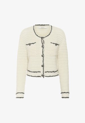 Roomkleurig gebreid vest met zwarte bies, ronde halslijn, lange mouwen, decoratieve knopen en neppasflappen.