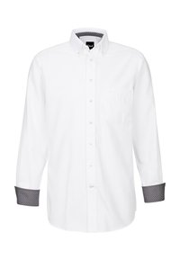 Weißes Hemd mit Button-Down-Kragen, langen Ärmeln und einer linken Brusttasche. Die Manschetten haben ein kontrastierendes schwarzes geometrisches Muster.
