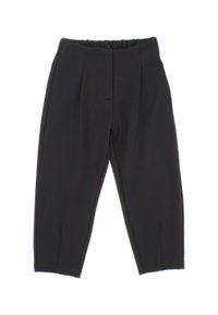 Pantaloni neri con vestibilità rilassata, caratterizzati da pieghe sul davanti, vita elastica e gambe affusolate. Realizzati in tessuto morbido e elastico.