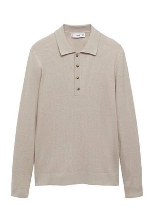 Beiger Polo-Pullover mit langen Ärmeln aus Rippstoff, ausgestattet mit einem Kragen und einer Knopfleiste mit fünf braunen Knöpfen.