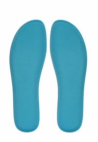 Pair of blue shoe insoles with a simple, smooth surface, designed to fit inside footwear for added comfort.