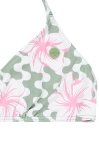 Biely a zelený vzorovaný bikiny top s ružovým kvetinovým dizajnom, trojuholníkového tvaru a zeleným srdiečkovým logom na boku.