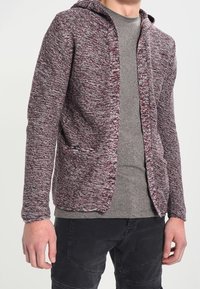 Sweat à capuche en maille texturée, bordeaux et gris, avec poches avant, ouverture sur le devant et coupe ajustée, porté avec un t-shirt gris en dessous.