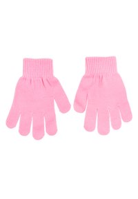 Guanti rosa chiaro realizzati in un morbido tessuto a maglia, con polsini a coste e cinque dita separate, dalla trama liscia e cuciture uniformi.