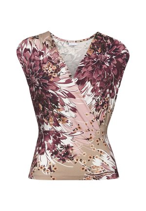Sleeveless floral top featuring a wrap design, with shades of burgundy, pink, and beige, accented by large flowers and delicate patterns.