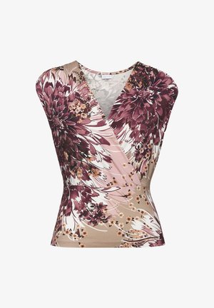 Ärmelloses Blumentop mit Wickeldesign in den Farben Burgunderrot, Rosa und Beige, akzentuiert mit großen Blumen und zarten Mustern.