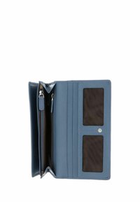 Blue leather wallet with a smooth texture, zippered pocket, multiple card slots, and two ID windows, featuring a snap closure.