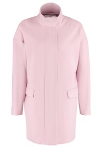 Long, pink coat with a high collar, smooth texture, and front pockets. Features a minimalist design and slightly oversized silhouette.