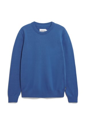 Blauwe sweatshirt van zachte stof, met een geribbelde ronde hals en manchetten, en een relaxte pasvorm. Bevat een klein merkembleem aan de onderzijde.