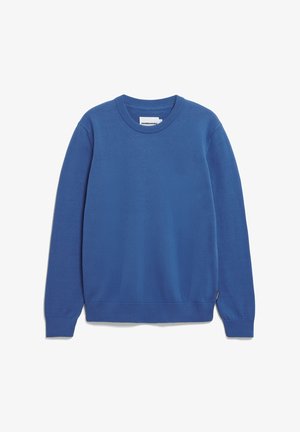 Blauwe sweatshirt van zachte stof, met een geribbelde ronde hals en manchetten, en een relaxte pasvorm. Bevat een klein merkembleem aan de onderzijde.